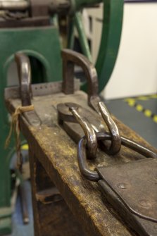 Interior. Third floor. Goldsmiths workshop. Detail of metal wire drawing machine. The holes through which the wire rods are fed is visible. This machine may date from the 19th century.