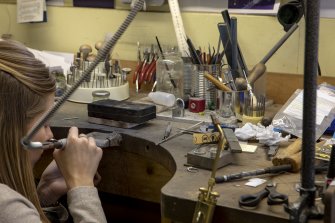 Interior. Third floor. Goldsmiths workshop. View of a traditional goldsmith's bench.