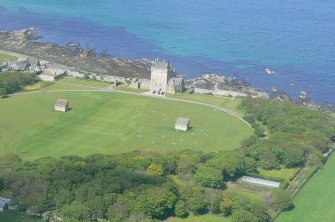 Aerial view of Ackergill Tower, Gardens and Doocots, near Wick, looking N.