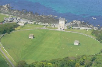 Aerial view of Ackergill Tower, Gardens and Doocots, near Wick, looking N.