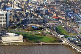 Aerial view of Dundee city centre and north landfall of Tay Road Bridge.