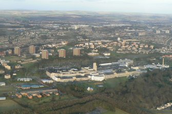 Oblique aerial view of Ninewells Hospital and Medical School, looking NE.