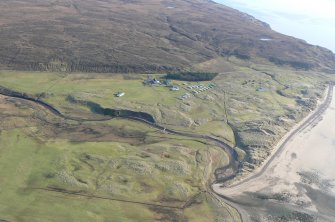 Close up aerial view of Big Sand Holiday Park, near Gairloch, Wester Ross, looking SSE.