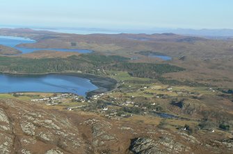 Aerial view of Poolewe (Wester Ross) and Loch Ewe with Aultbea in the distance, looking NNE.
