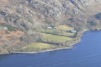 Close up aerial view of Letterewe on Loch Marie, looking E.