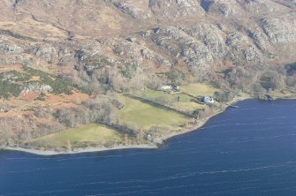 Close up aerial view of Letterewe on Loch Marie, looking E.