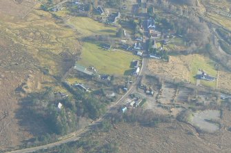 Close up aerial view of Kinlochewe at the SE end of Loch Maree, looking SE.