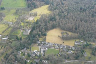 Oblique aerial view of Cawdor village, Castle and gardens, E of Inverness, looking SE.