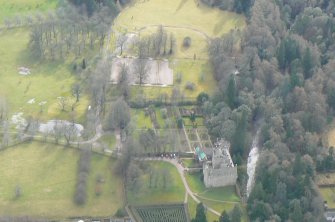 Oblique aerial view of Cawdor Castle and gardens, E of Inverness, looking SW.