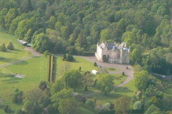 Oblique close aerial view of Balnagown Castle and gardens, Easter Ross, looking NE.