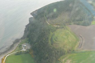 An almost vertical closer aerial view  of Ormond castle and the shore of the Moray Firth, looking SW.