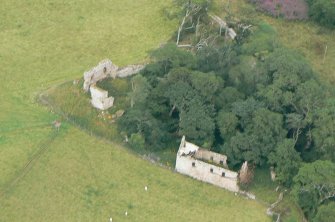 Near aerial view of Skelbo Castle, south-east of the Mound on Loch Fleet.