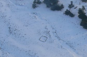 Aerial view of Strath Sgitheach square enclosure and hut circles, near Dingwall, Easter Ross, looking E.