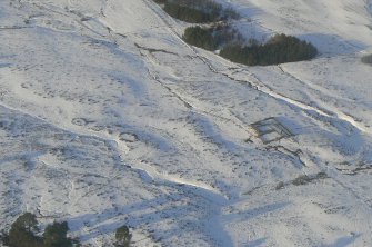 Aerial view of Strath Sgitheach sheepfold and hut circle settlement, near Dingwall, Easter Ross, looking NNW.
