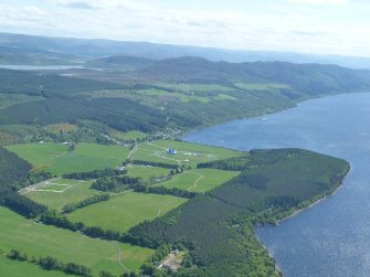 Aerial view of the North end of Loch Ness, with Rock Ness Music Festival site in the foreground, looking SSE.
