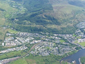 Close up aerial view of Inverlochy (Fort William) and Glen Nevis, looking SSE.