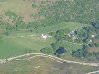 Close up aerial view of Culachy House and estate buildings, looking E.