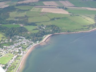 Aerial view of Rosemarkie Church and beach, Black Isle, looking N.