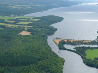 Aerial view of river Ness and Loch Ness at Bona, Inverness, looking SW.