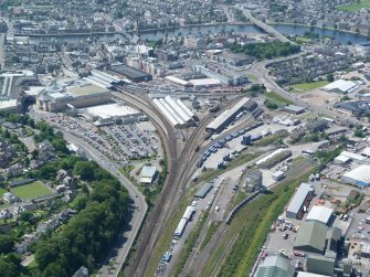 Aerial view of railway and Inverness Railway Station, looking W.