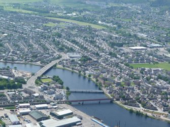 Near aerial view of Friar's Bridge, Black Bridge and the Railway Viaduct, Inverness, looking SW.