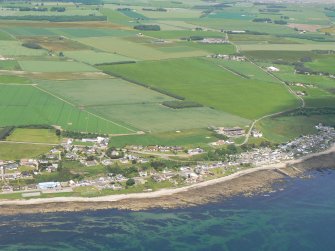 Aerial view of Hilton of Cadboll Village and harbour, Tarbat Ness, Easter Ross, looking  NNW.