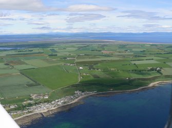 Aerial view of Hilton of Cadboll Village and harbour, Tarbat Ness, Easter Ross, looking  NNW.