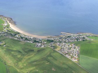 Aerial view of Portmahomack harbour and village, Tarbat Ness, Easter Ross, looking NW.