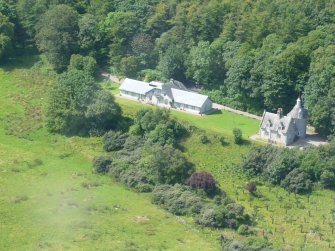 Aerial view of Dairy Cottage and former Milking Parlour, Dunrobin Castle, East Sutherland, looking NW.