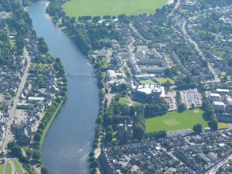 Near aerial view of St. Andrew's Cathedral, Eden Court Theatre and The Royal Northern Infirmary, Inverness, looking SW.