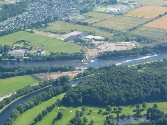 Aerial view of Holm Mills Bridge, Inverness, under construction, looking S.