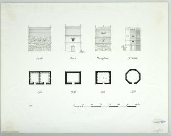 Publication drawing; plan and elevation of four dovecots (Sauchie, Touch, Drumquhassle, Carronshore)