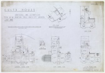 Aberdeen, Cults, Cults House.
Scale drawing of plans for Cults House.
Titled: 'Cults House; (Proposed) Additions and Alterations for M.M.Duncan Esq., Advocate, Aberdeen. Jany. 1937'.
Insc: 'Ground Floor Plan; Plan of Meeting Chambers; First Floor Plan; Attic Floor Plan; Site Plan; Roof Plan'.
