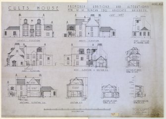 Aberdeen, Cults, Cults House.
Scale drawing of plans for Cults House.
Titled: 'Cults House; Proposed Additions and Alterations for M.M.Duncan Esq., Advocate, Aberdeen. Jany. 1937'.
Insc: 'South Elevation; East Elevation; Sectional Elevation A-A; North Elevation; West Elevation & Section C-C; Section D-D; West Elevation of Drawing Room; Section of North Wing at B-B; Section of East Wing at E-E; Section of Scullery Wing at F-F'.