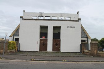 Historic building recording, Church, S elevation, Detail of main entrance, St Paul's Roman Catholic Church, Pennywell Road (4 Muirhouse Avenue), Muirhouse, Edinburgh