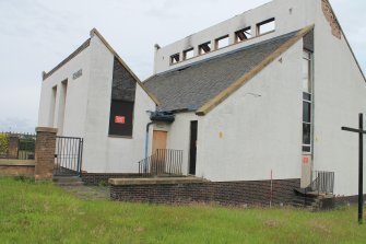 Historic building recording, Church, E elevation, General view of porch and narthex area, St Paul's Roman Catholic Church, Pennywell Road (4 Muirhouse Avenue), Muirhouse, Edinburgh