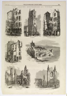 Cutting from the Illustrated London News showing various engraved views.
Insc: 'The British Associations at Dundee'.
Illustrations of: Old Houses, Fish Street; Old Steeple; Old Houses, Fish Street; Houses in Overgate; Castle of St. Andrews; Arbroath Abbey; Cathedral of St. Andrews.
