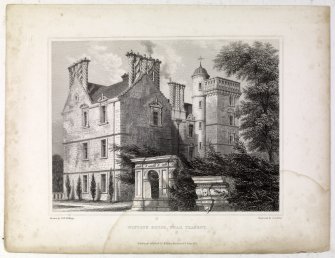Engraved view of house.