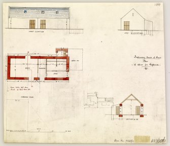 Plan, block plan, section, elevation for offices in Dykeside Steading.