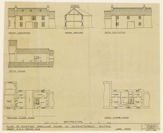 Plans, section, and elevations of existing house.