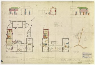 Site plan, ground floor plan, first floor plan, sections and elevations.
Insc: 'Proposed improvements to Berryhill House for Alex. Reid Esq.'