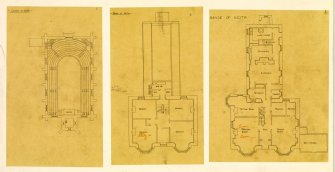 Ground floor plan of church.  Ground and first floor plans of manse.