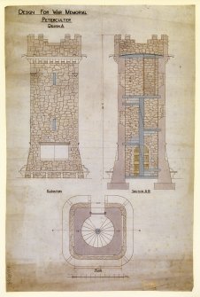 Peterculter, War Memorial.
Scale drawings of elevation, section and plan.
Titled: 'Design for War Memorial - Peterculter - Design A'.
Insc: 'Elevation; Section A.B; Plan'.