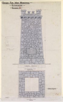 Peterculter, War Memorial.
Scale drawings of elevation and plan.
Titled: 'Design for War Memorial - Peterculter - Scheme B'.
Insc: 'Elevation; Plan'.