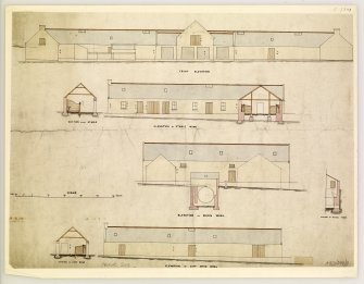 Elevations and sections of stable, barn and byre wings.