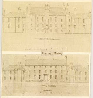 Aberdeen, Culter House & Gardens.
Scale drawings of elevations for Culter House.
Titled: 'Culter House'.
Insc: 'North Elevation; South Elevation'.