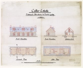 Aberdeen, Culter House and Gardens.
Scale drawings of elevations, sections and plans of North Lodge.
Titled: 'Culter Estate; Proposed Alterations to North Lodge; 1909'.
Insc: 'Front Elevation; End Elevation; Section A.A; Ground Plan; Attic Plan'.