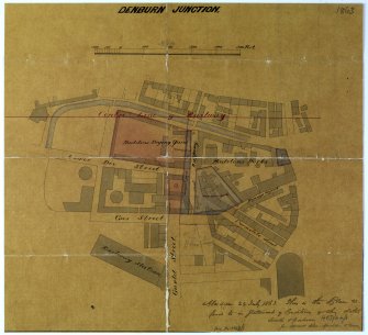 Aberdeen, Denburn Railway Junction.
Scale drawing showing a plan of the Denburn Junction area.
Insc: 'Aberdeen, 22 July 1863. This is the plan refered to in Statement of Conditions of this date. Smith & Cochran for Messrs Alex ..adden & Sons'.