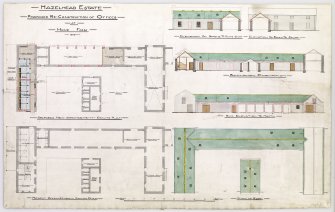 Aberdeen, Hazelhead Home Farm.
Present ground plan, proposed new arrangement, plan of roof.
Insc: ' Hazelhead Estate, Proposed Reconstruction Of Offices At Home Farm, 1919'.