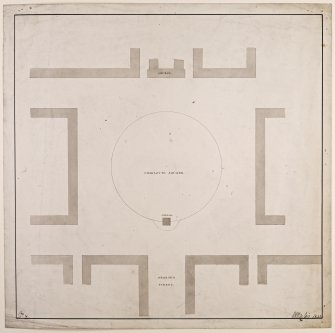 Plan of Charlotte Square with site of proposed obelisk marked on east side (a proposed design for the Scott Monument) 
Playfair drawing